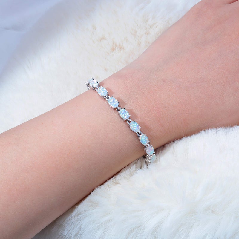 CiNily Oval Shape Tennis White Opal Bracelet for Women Ladies Adjustable Opal Jewelry Rhodium Plated Gemstone Bracelet 8.5" - Image 4